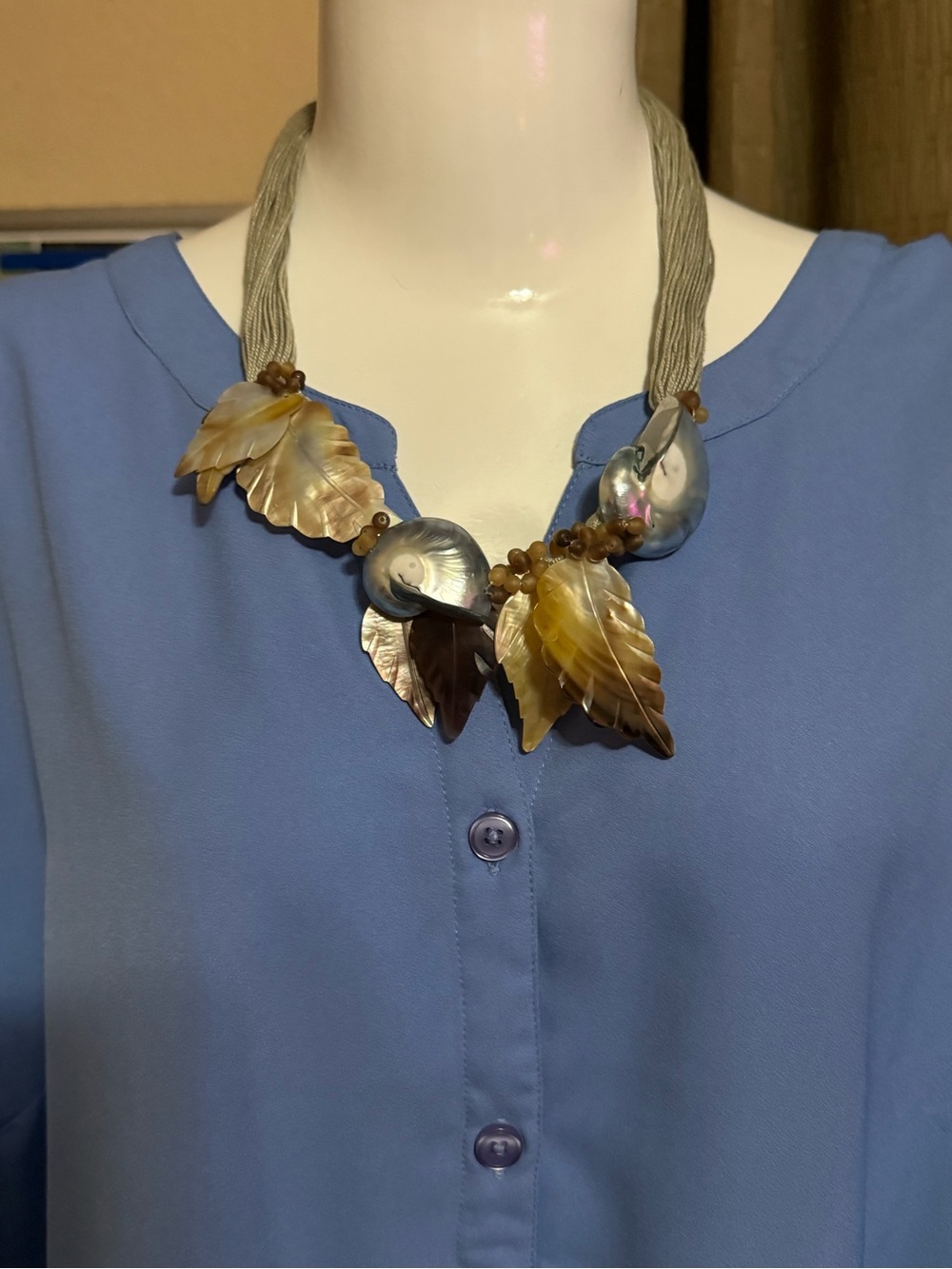 Handcrafted Iridescent Seashells & Leaves Statement Necklace